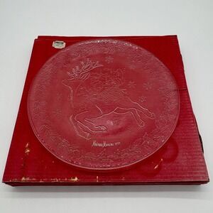 Vintage Neiman Marcus 1991 Round Glass Reindeer Christmas Serving Platter Plate